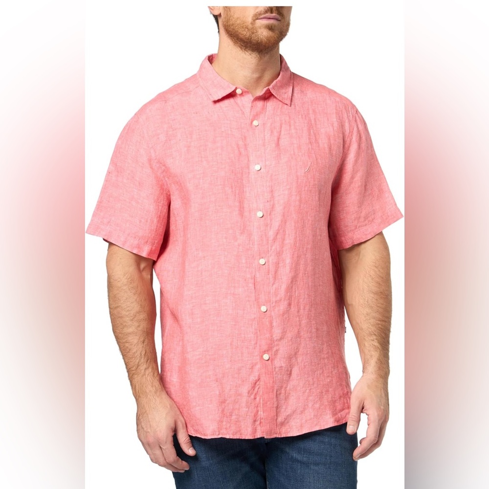 NWT-Sz.S Nautica Mens Short Sleeve Solid Linen Button Up Shirt